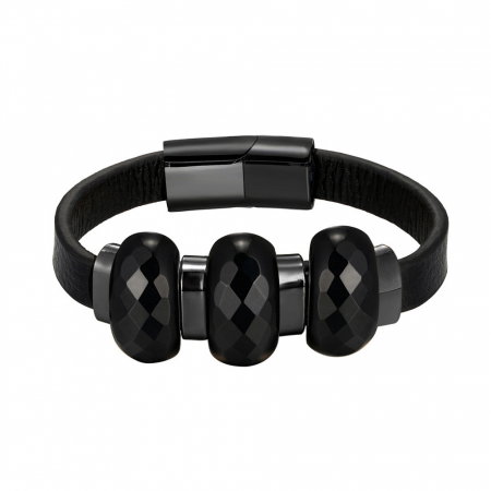 Bratara piele naturala cu Onix si inchizatoare din inox negru