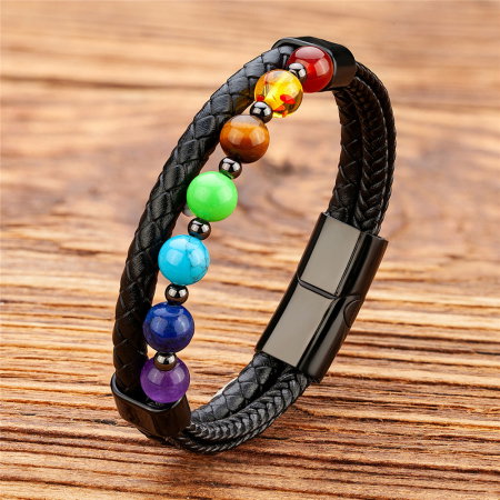 Bratara piele naturala cu pietre naturale si inchizatoare din inox negru [1]