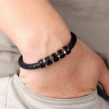 Bratara piele naturala impletita cu inchizatoare si elemente din inox [2]