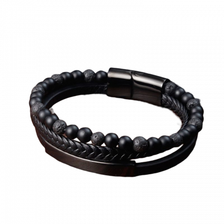 Bratara piele naturala impletita, margele bazalt si elemente din inox [6]