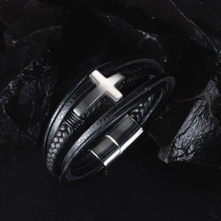 Bratara piele naturala impletita si cruce din inox [11]