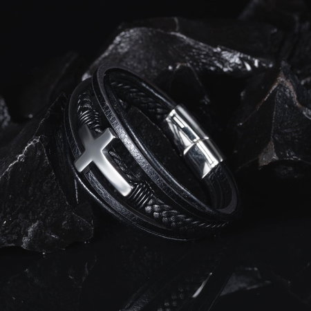 Bratara piele naturala impletita si cruce din inox [13]