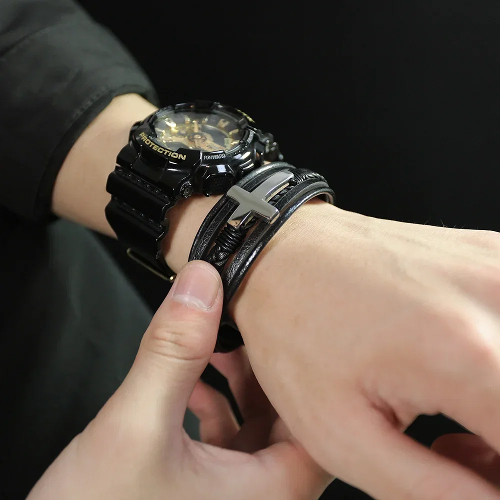 Bratara piele naturala impletita si cruce din inox [14]