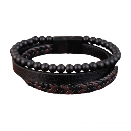 Bratara piele naturala impletita si margele bazalt cu inchizatoare din inox [4]
