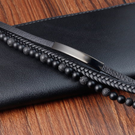 Bratara piele naturala impletita, margele bazalt si elemente din inox [3]