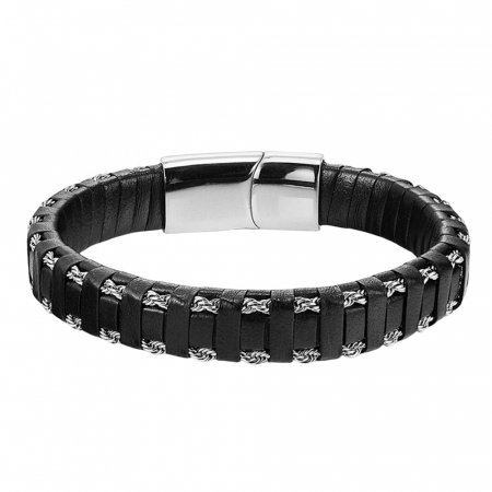 Bratara piele naturala neagra cu inchizatoare si cabluri din inox