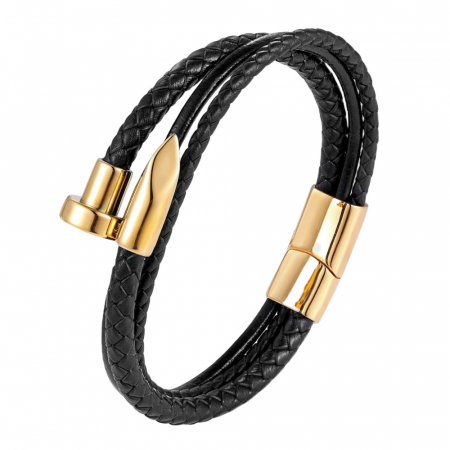 Bratara piele naturala si inox auriu