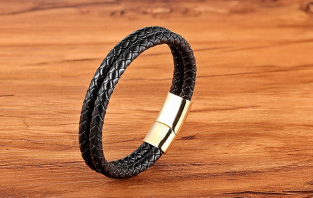 Bratara neagra dubla din piele naturala si inox [1]