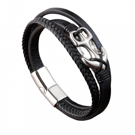 Bratara piele neagra cu ancora din inox