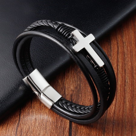Bratara piele naturala impletita si cruce din inox [6]