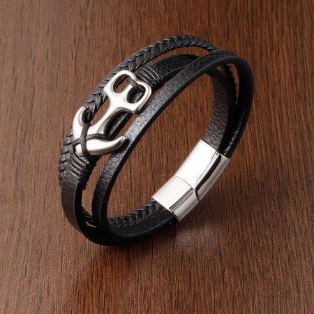 Bratara piele neagra cu ancora din inox [2]