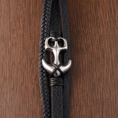 Bratara piele neagra cu ancora din inox [6]