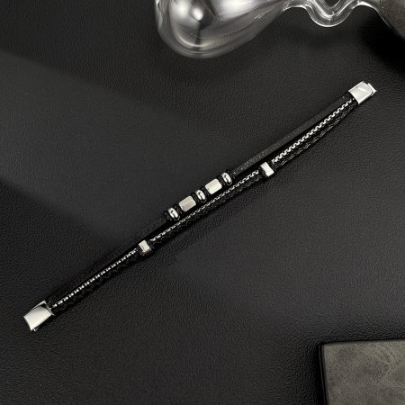 Bratara piele neagra cu lant inox si elemente metalice – Stil modern masculin [13]