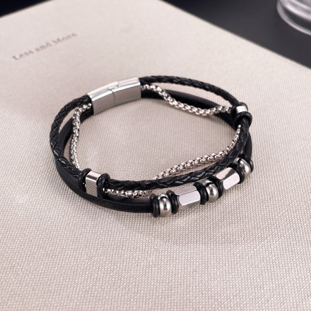 Bratara piele neagra cu lant inox si elemente metalice – Stil modern masculin [9]