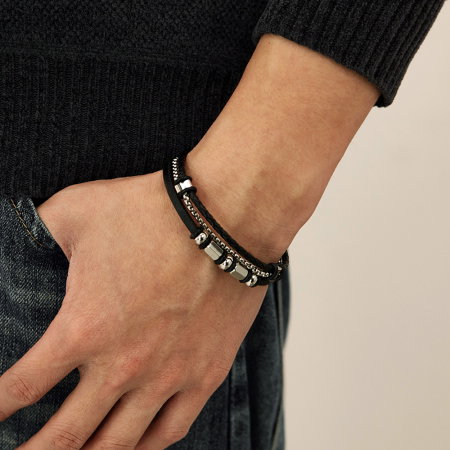 Bratara piele neagra cu lant inox si elemente metalice – Stil modern masculin [3]