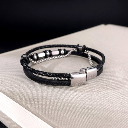 Bratara piele neagra cu lant inox si elemente metalice – Stil modern masculin [2]