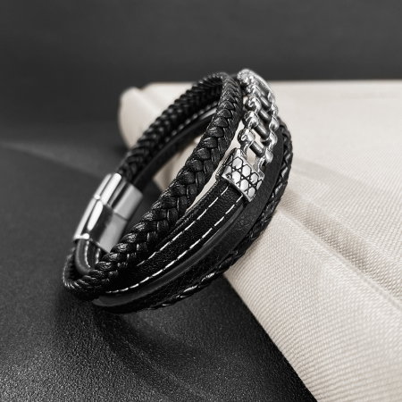 Bratara piele neagra cu lant moto din inox – Simbol al libertatii si energiei masculine [12]