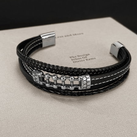 Bratara piele neagra cu lant moto din inox – Simbol al libertatii si energiei masculine [2]