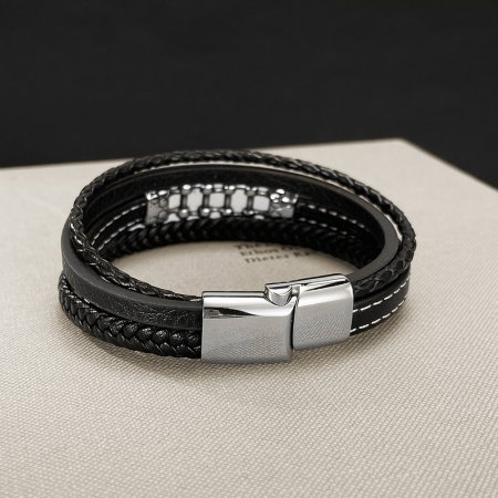 Bratara piele neagra cu lant moto din inox – Simbol al libertatii si energiei masculine [7]