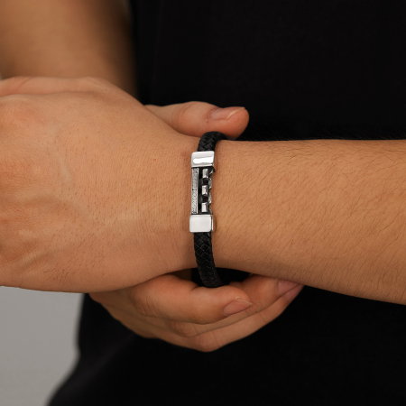 Brățară piele neagră cu lanț și model grecesc din inox – Simbol al puterii și echilibrului [10]