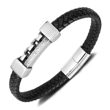 Brățară piele neagră cu lanț și model grecesc din inox – Simbol al puterii și echilibrului [0]