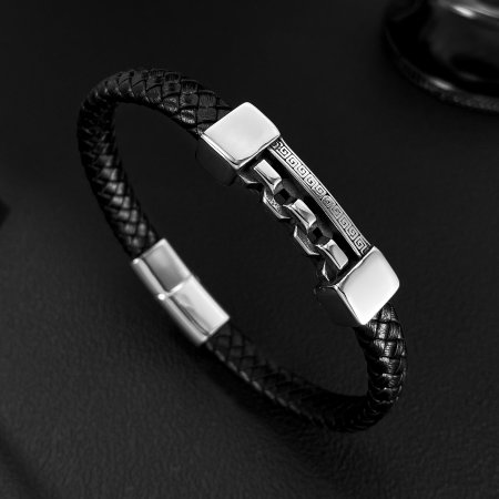 Brățară piele neagră cu lanț și model grecesc din inox – Simbol al puterii și echilibrului [8]