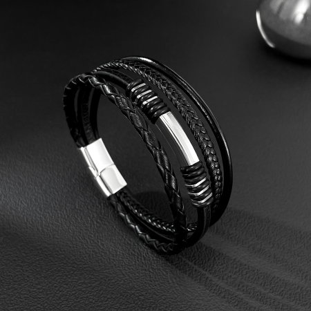 Bratara piele neagra cu multiple fire impletite si detalii inox – Stil urban elegant [9]
