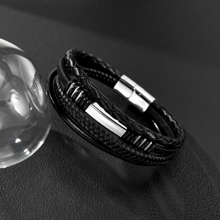 Bratara piele neagra cu multiple fire impletite si detalii inox – Stil urban elegant [2]