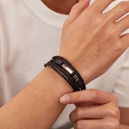 Bratara piele neagra cu multiple fire impletite si detalii inox – Stil urban elegant [8]
