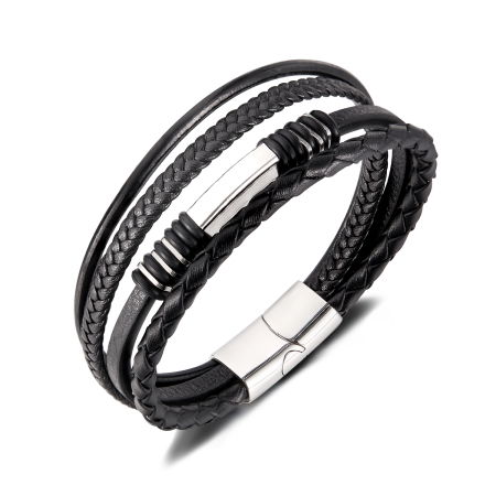 Bratara piele neagra cu multiple fire impletite si detalii inox – Stil urban elegant