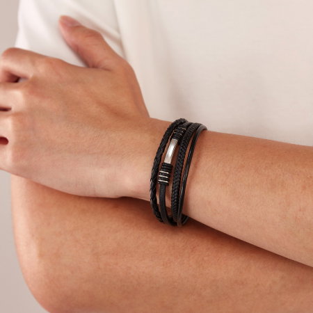 Bratara piele neagra cu multiple fire impletite si detalii inox – Stil urban elegant [3]
