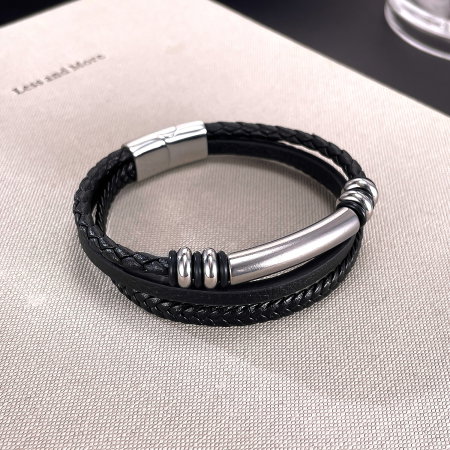 Bratara piele neagra cu placuta inox si detalii metalice – Design rafinat masculin [7]