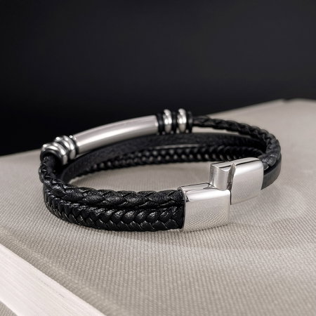 Bratara piele neagra cu placuta inox si detalii metalice – Design rafinat masculin [4]