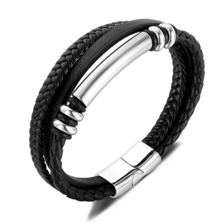 Bratara piele neagra cu placuta inox si detalii metalice – Design rafinat masculin