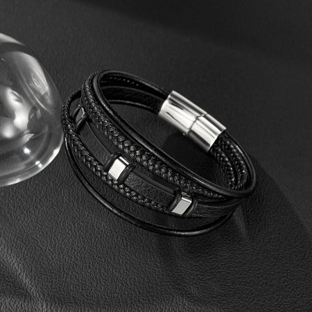 Brățară piele neagră împletită cu multiple fire și detalii din inox [2]