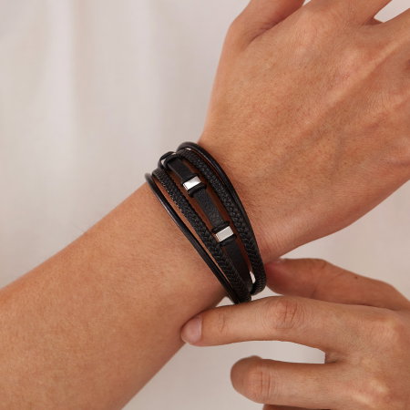 Brățară piele neagră împletită cu multiple fire și detalii din inox [8]