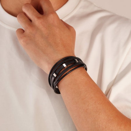 Brățară piele neagră împletită cu multiple fire și detalii din inox [6]