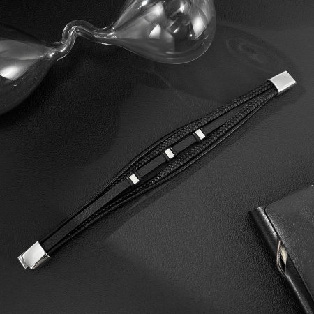 Brățară piele neagră împletită cu multiple fire și detalii din inox [9]