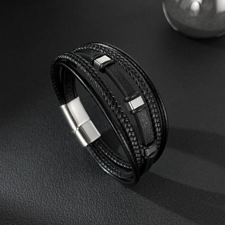 Brățară piele neagră împletită cu multiple fire și detalii din inox [7]