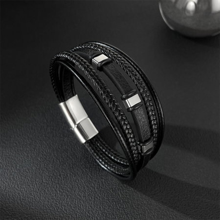 Brățară piele neagră împletită cu multiple fire și detalii din inox [5]