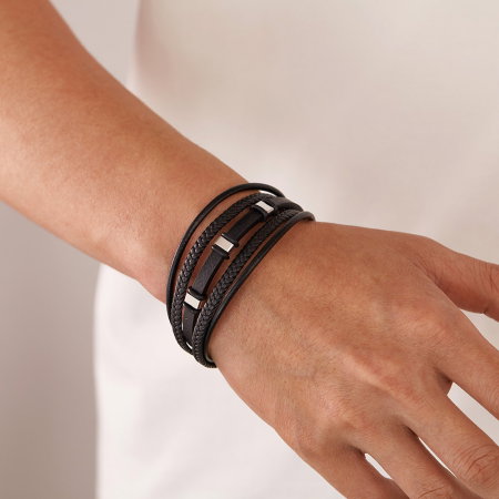 Brățară piele neagră împletită cu multiple fire și detalii din inox [3]