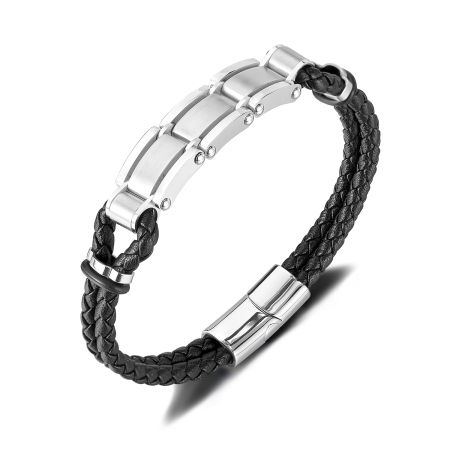 Brățară piele neagră împletită cu segmente metalice din inox – Echilibru între forță și rafinament