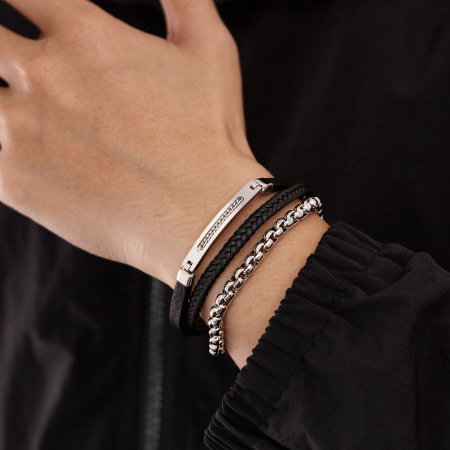 Bratara piele neagra si inox cu lant decorativ – Eleganta masculina moderna [1]