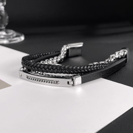 Bratara piele neagra si inox cu lant decorativ – Eleganta masculina moderna [3]