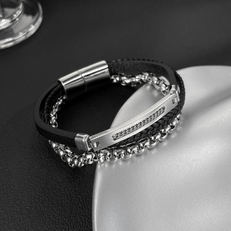 Bratara piele neagra si inox cu lant decorativ – Eleganta masculina moderna [8]