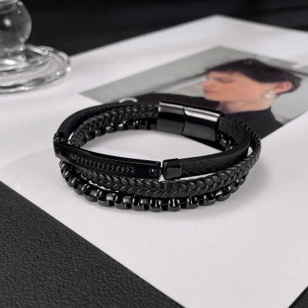 Bratara piele neagra si inox negru cu lant decorativ – Putere si rafinament masculin [3]