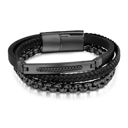 Bratara piele neagra si inox negru cu lant decorativ – Putere si rafinament masculin [0]