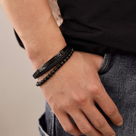 Bratara piele neagra si inox negru cu lant decorativ – Putere si rafinament masculin [4]