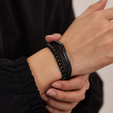 Bratara piele neagra si inox negru cu lant decorativ – Putere si rafinament masculin [1]