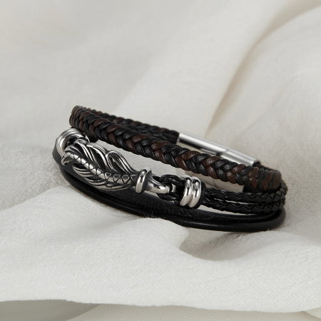Bratara retro din inox si piele impletita [4]